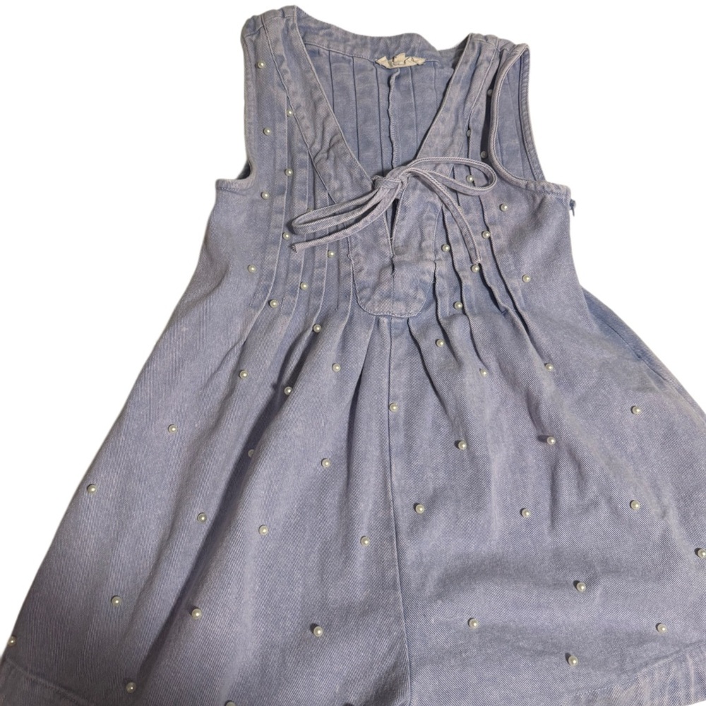 Sleeveless Pearl-Accent Denim Romper - Light Blue